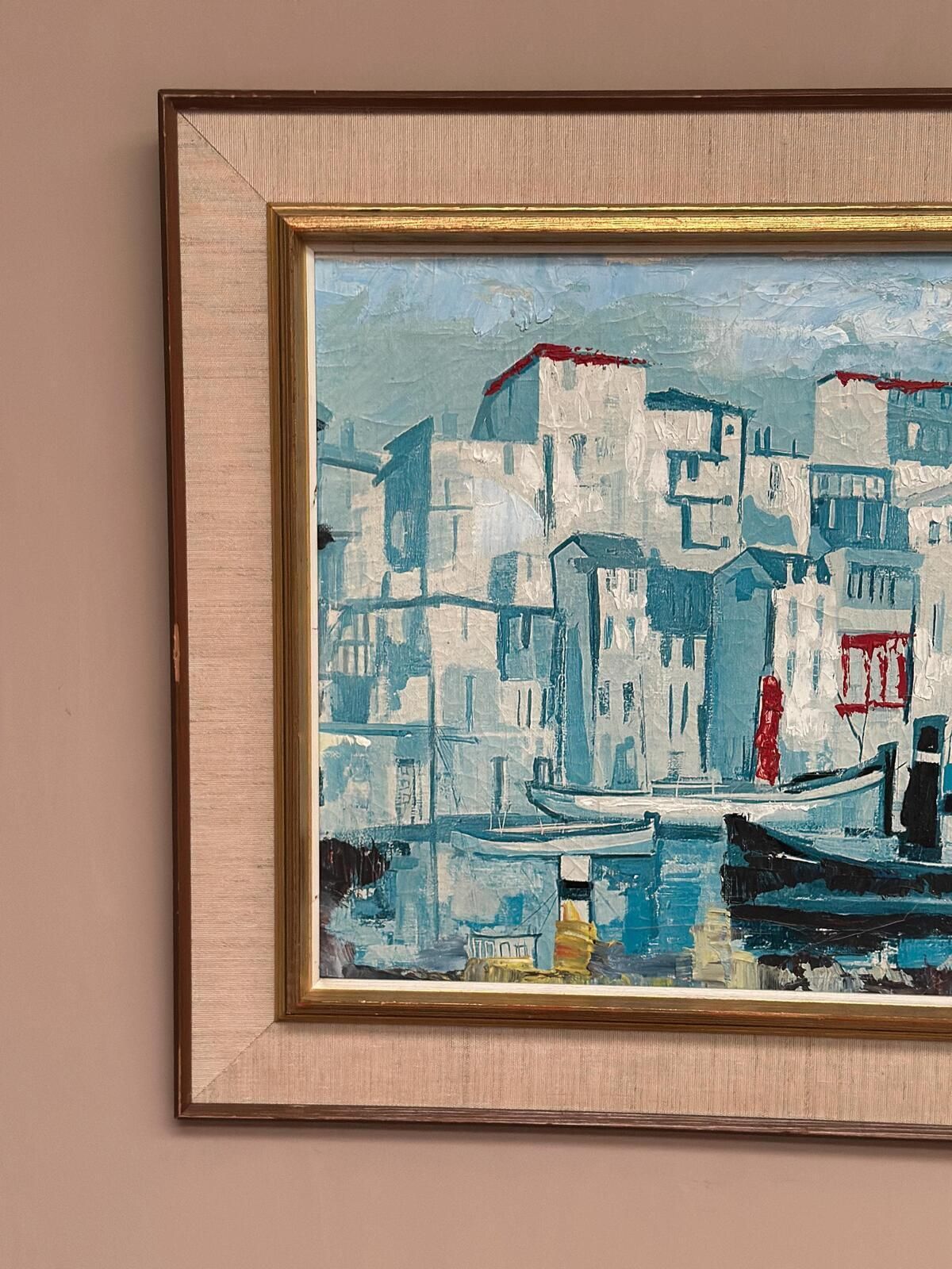 “Harbor Scene” By Costa Oil On Canvas Painting. photo vintage