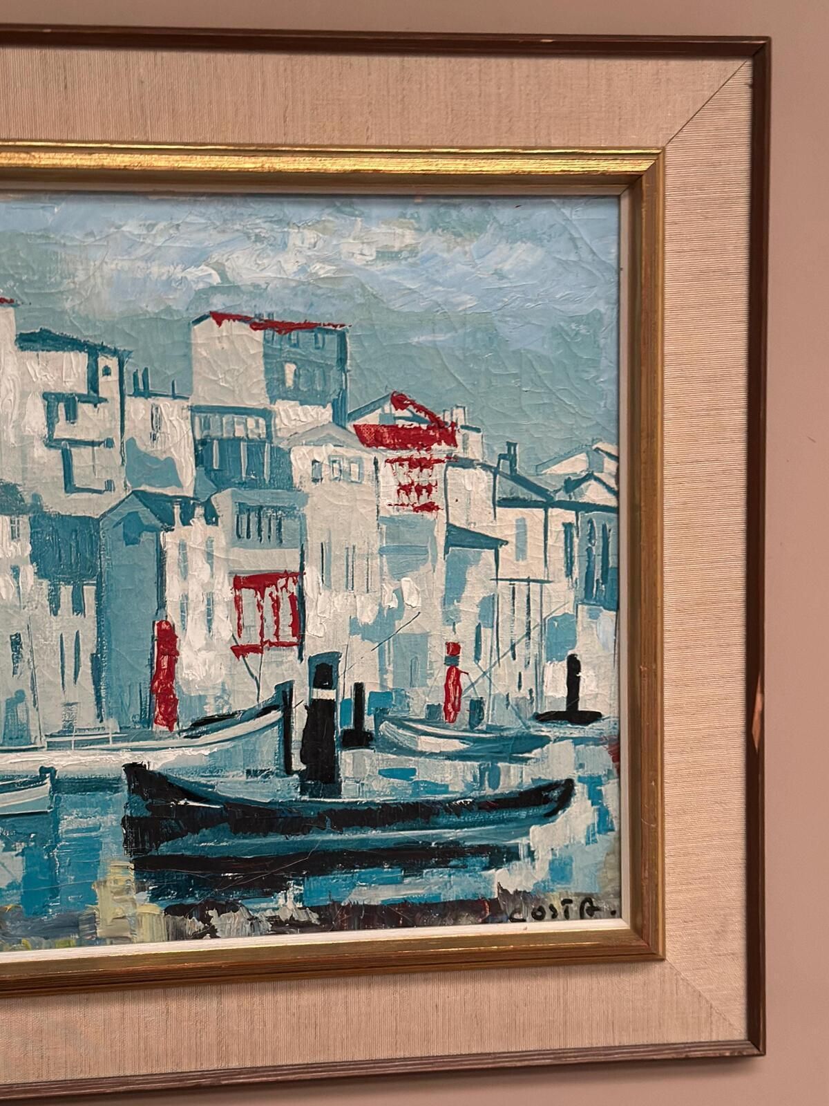 325.0 “Harbor Scene” By Costa Oil On Canvas Painting. photo