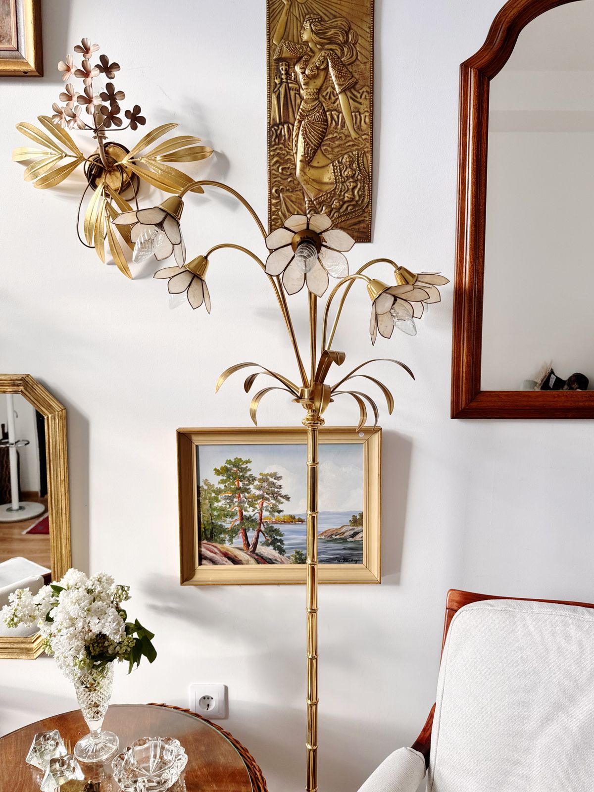 Lighting Hollywood Regency Style Brass Floor Lamp In Bamboo Style With Floral Shell Lampshades, 1970s photo