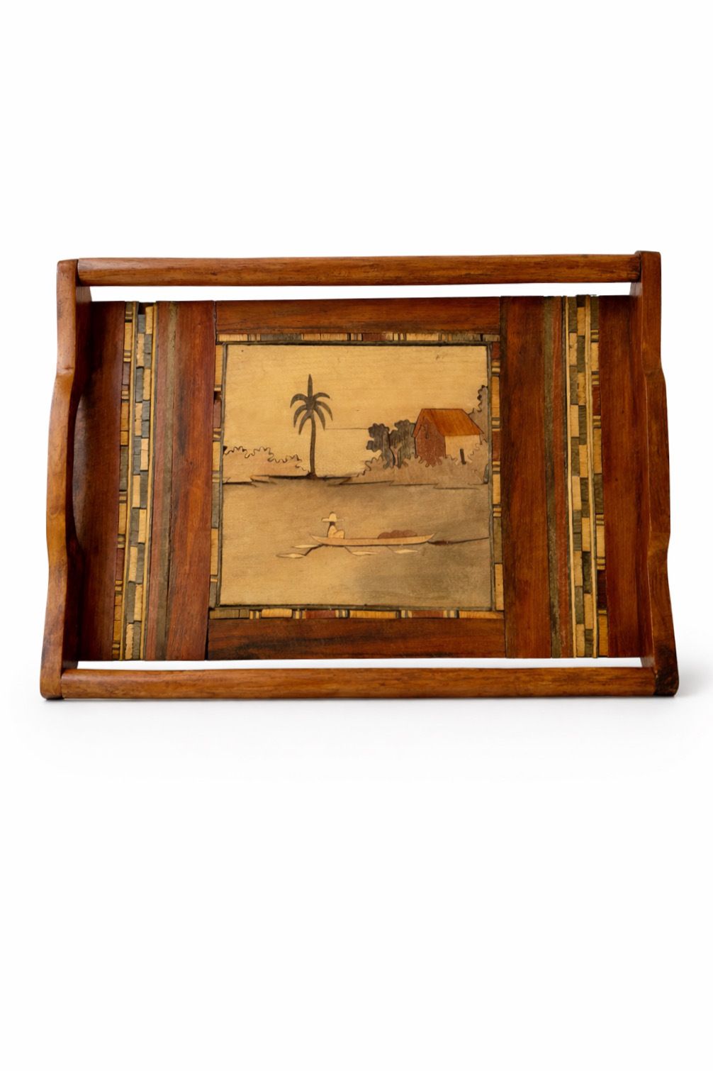 Frans houten dienblad met marqueterie, natuurtafereel, ca. jaren 1950 photo Woonaccessoires