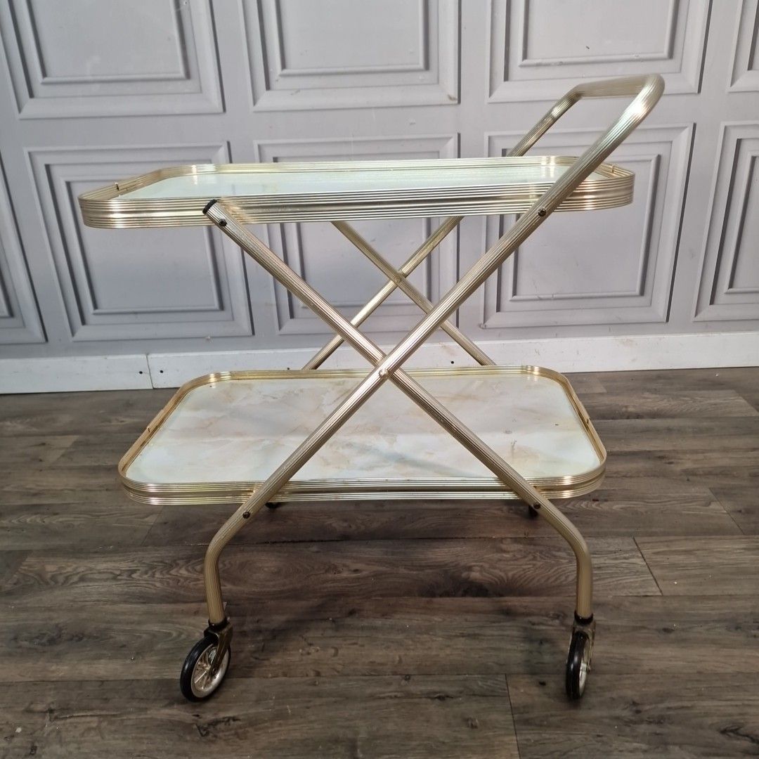 photo vintage Vintage Drinks Tea Trolley Faux Marble Gold Metal Bar Cart Retro Mid Century