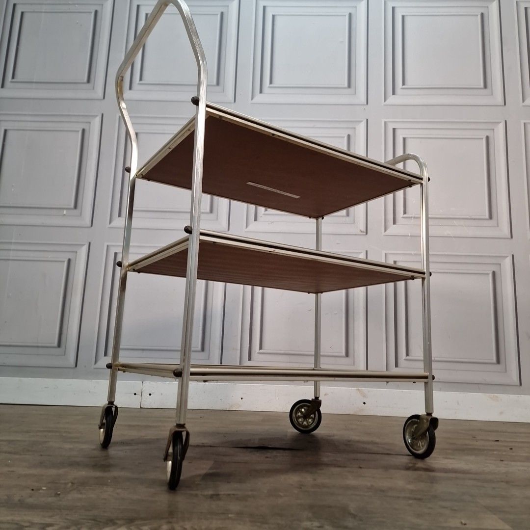 Vintage Drinks Tea Trolley Chrome Metal Wood Effect Three Tier Mid Century photo for sale