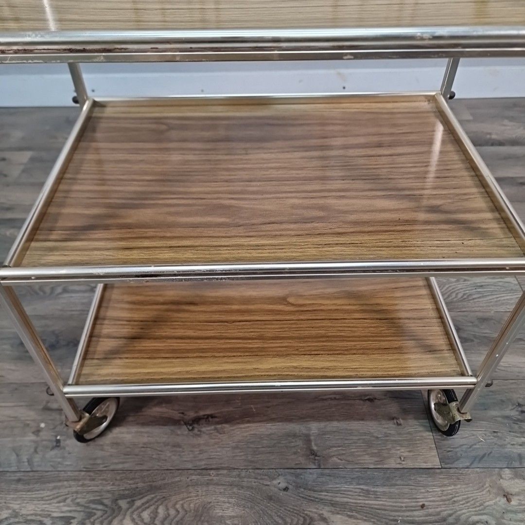 Vintage Drinks Tea Trolley Chrome Metal Wood Effect Three Tier Mid Century photo 75.0