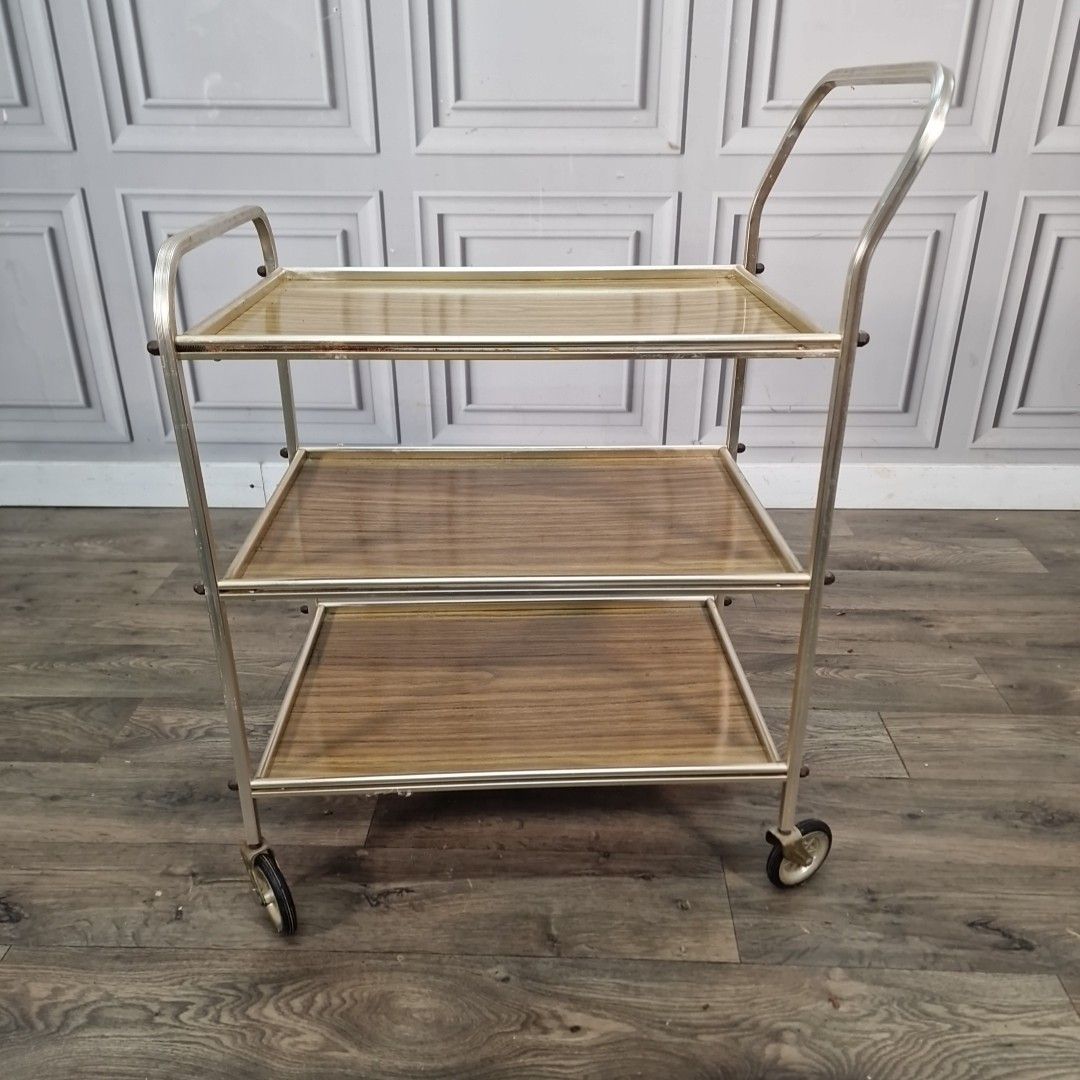 photo vinterior Vintage Drinks Tea Trolley Chrome Metal Wood Effect Three Tier Mid Century