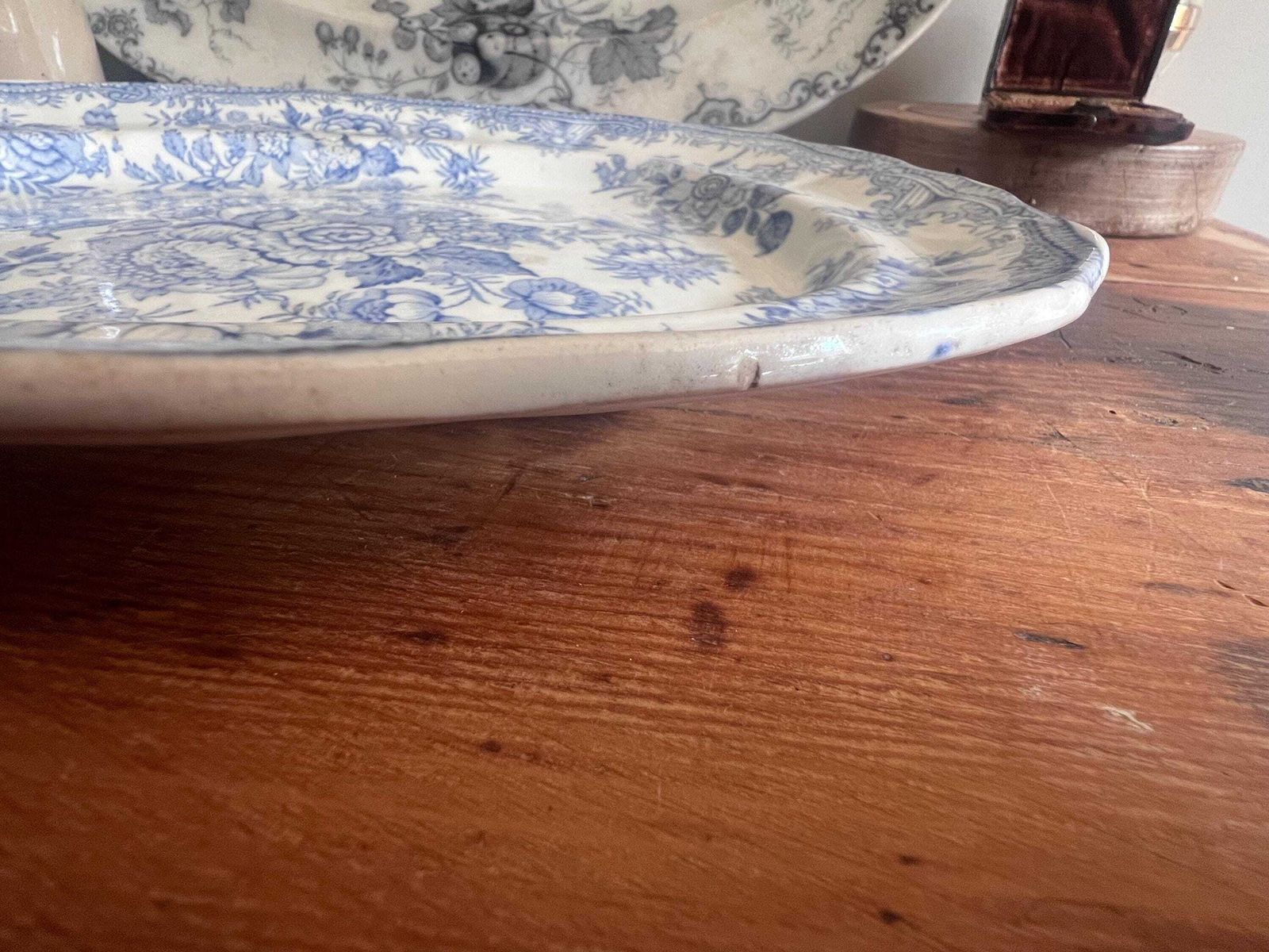 photo for sale Antique Asiatic Pheasants Doulton Burslem Platter, Flow Blue Transferware Serving Plate, Victorian Chinoiserie Scallop Edge Oval Meat Dish