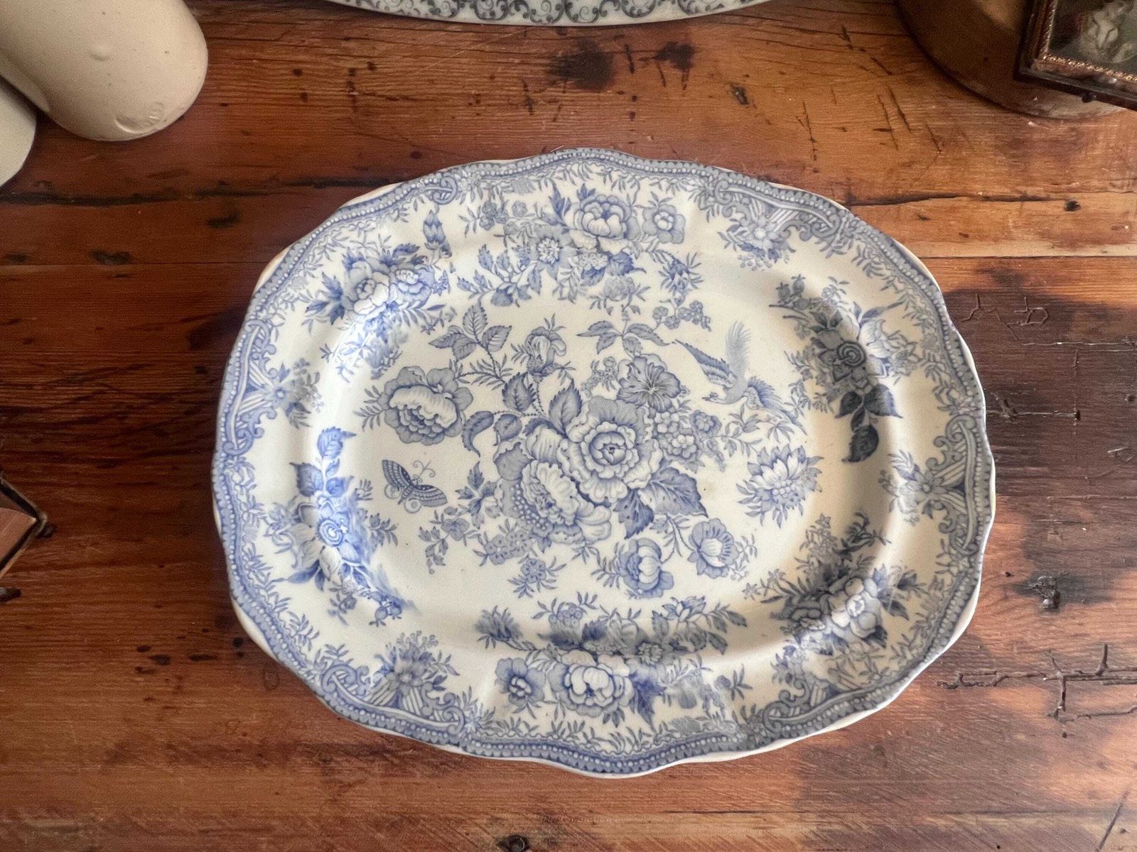 Home Decor Antique Asiatic Pheasants Doulton Burslem Platter, Flow Blue Transferware Serving Plate, Victorian Chinoiserie Scallop Edge Oval Meat Dish photo