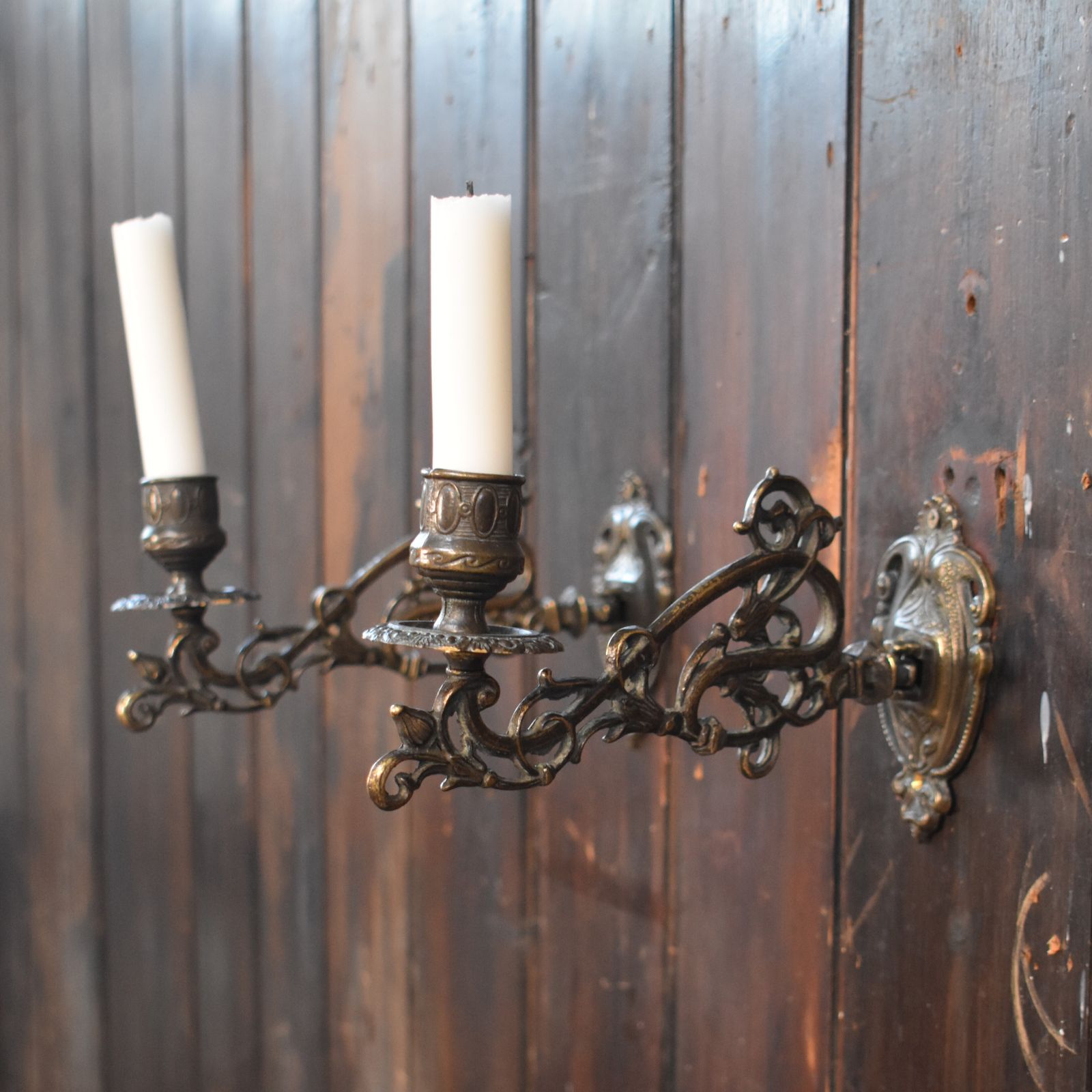 Antique Ornate Cast Brass Salvaged Piano Candle Sconces Wall Candlesticks Pair photo furniture
