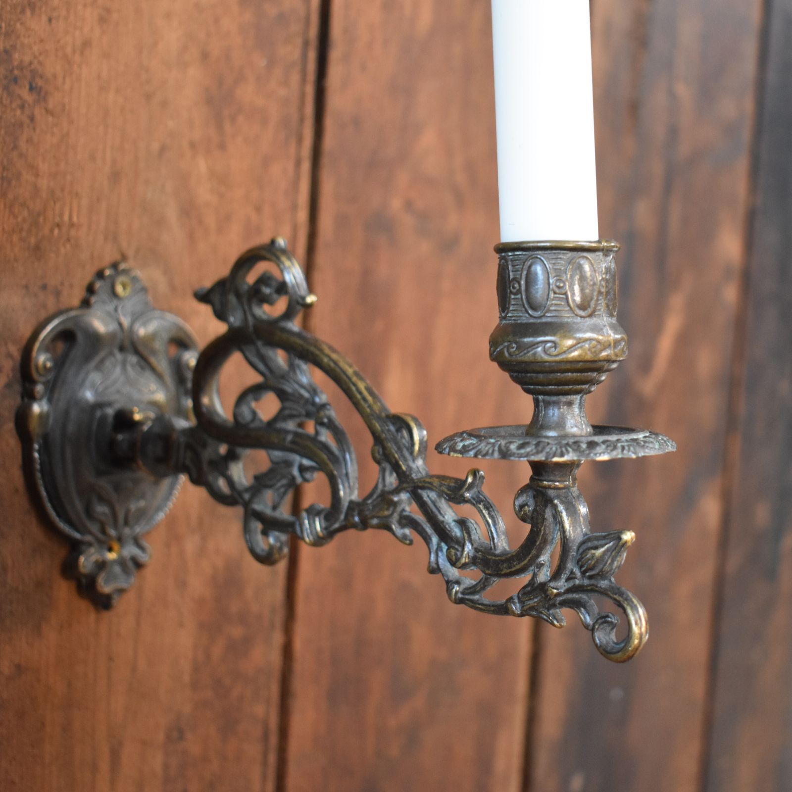 Antique Ornate Cast Brass Salvaged Piano Candle Sconces Wall Candlesticks Pair photo for sale