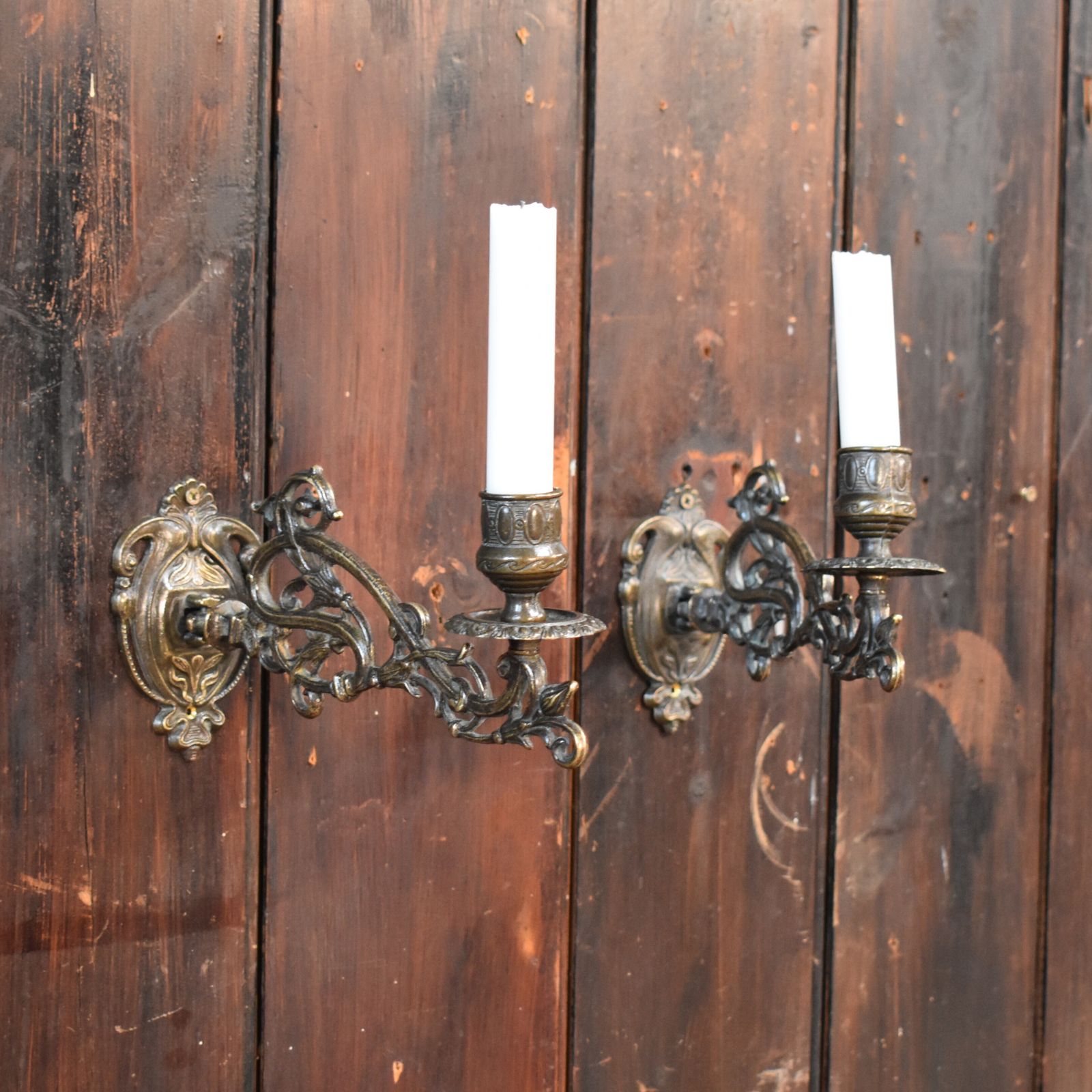 Antique Ornate Cast Brass Salvaged Piano Candle Sconces Wall Candlesticks Pair photo vinterior