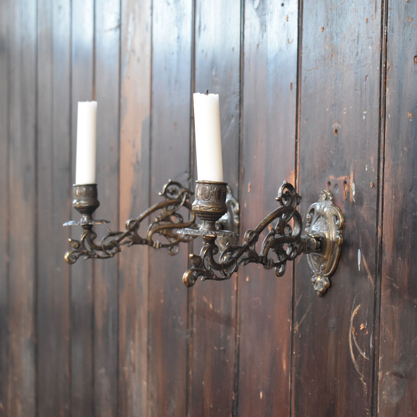 Antique Ornate Cast Brass Salvaged Piano Candle Sconces Wall Candlesticks Pair photo buy