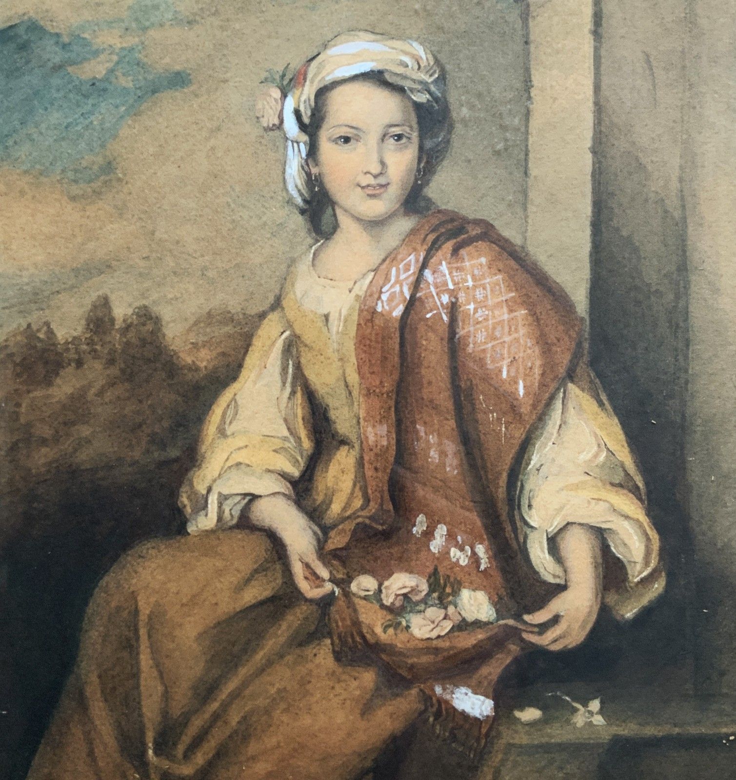 The Flower Girl Spanish Baroque Watercolour Portrait Painting 17th Century Style photo Art