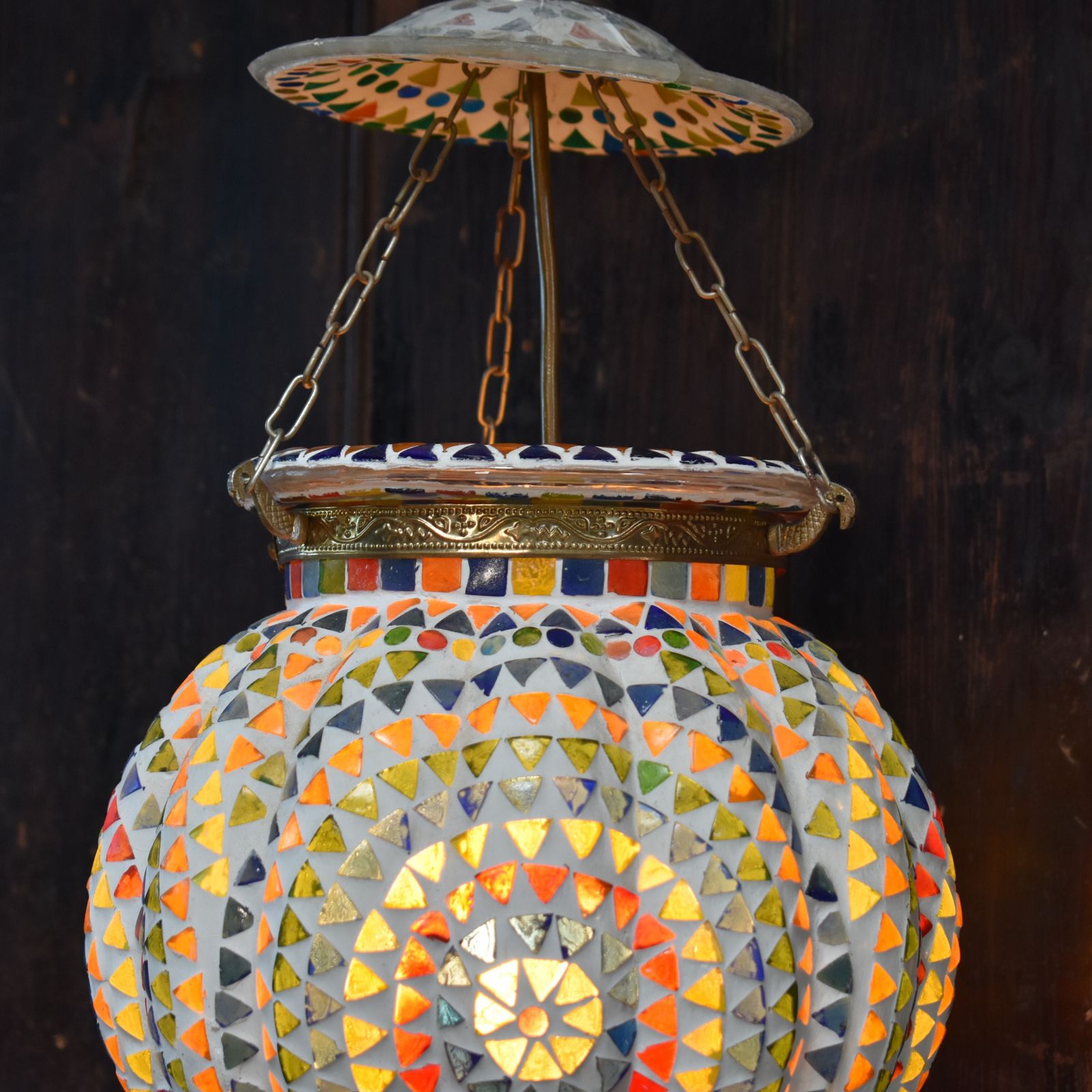 photo for sale Vintage Handmade Mosaic Glass Pumpkin Hundi Hanging Pendant Light Fully Rewired