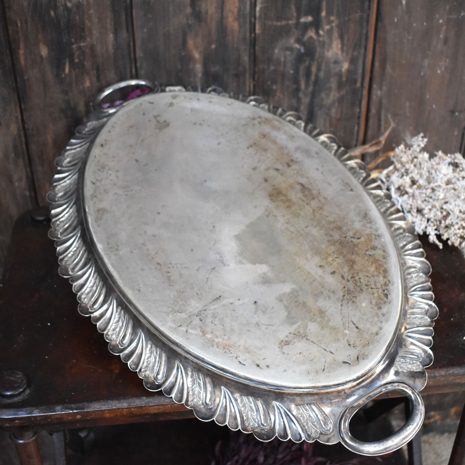 photo vinterior Antique Walker And Hall Engraved Fern Leaf Country House Butlers Serving Tray