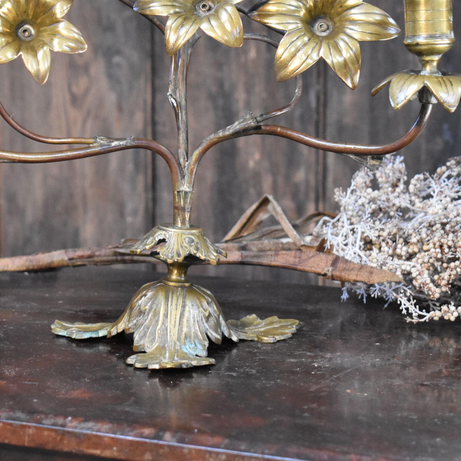 Antique 19th Century French Gilt Metal Tole Floral Three Arm Church Candelabra photo buy