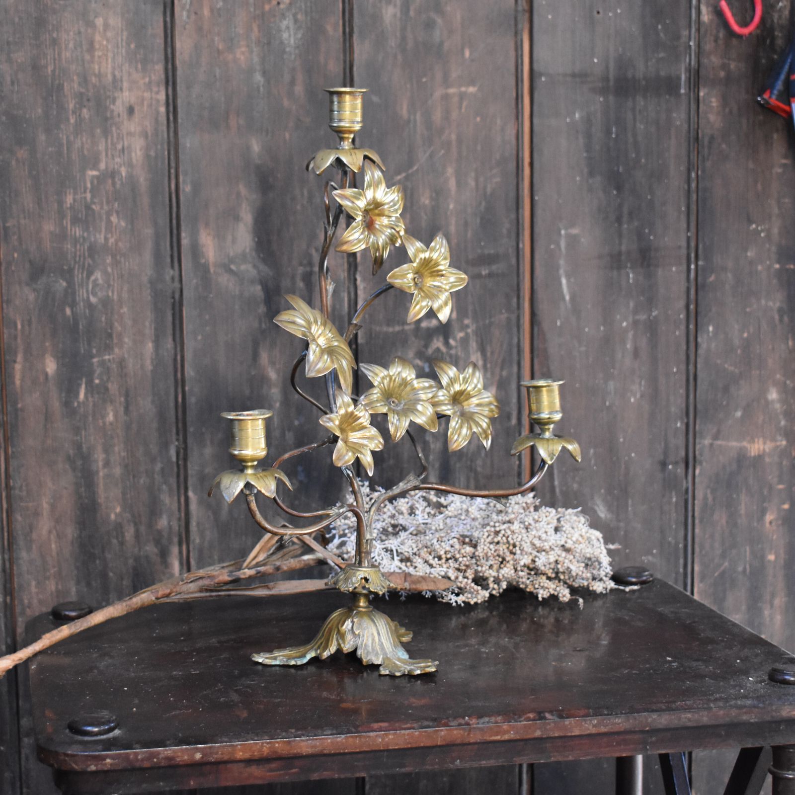 Antique 19th Century French Gilt Metal Tole Floral Three Arm Church Candelabra photo vintage