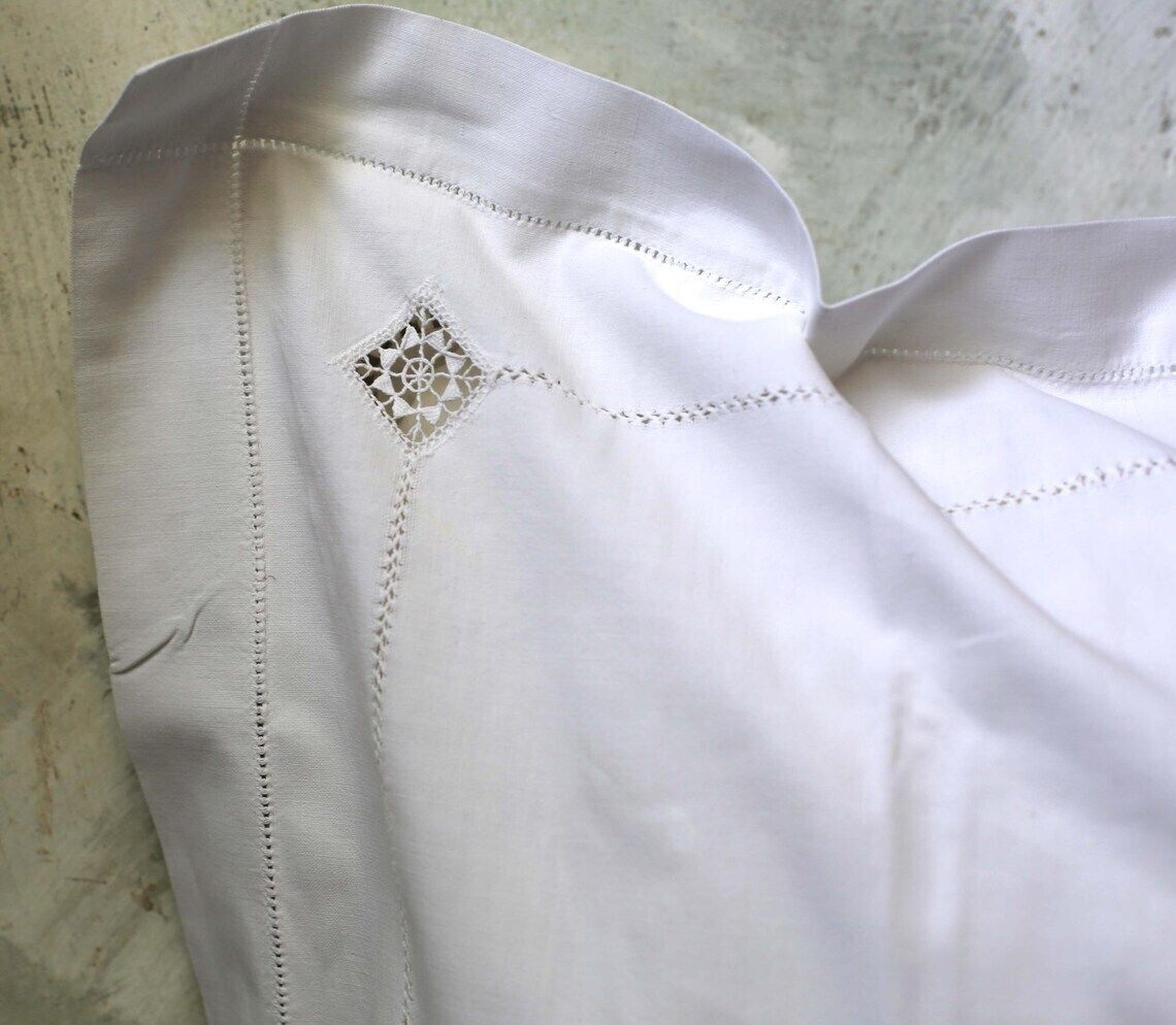 Large French Antique Pillowcase Square White Cotton Embroidered Cushion Cover photo vinterior