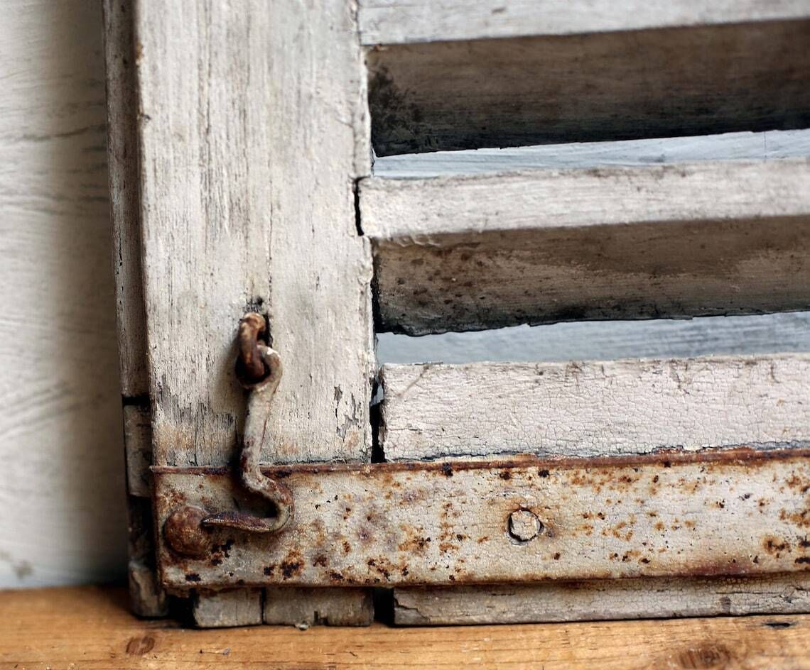 Antique French Wooden Louvres Shutter Old Distressed Door Rustic White Painted Slatted Tall Panel Architectural Salvage Backdrop photo buy