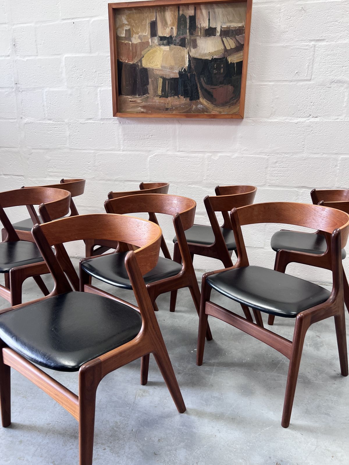 Set Of 8 Danish Mid Century Kai Kristiansen Model 68 “Fire” Dining Chairs, 1960s photo for sale