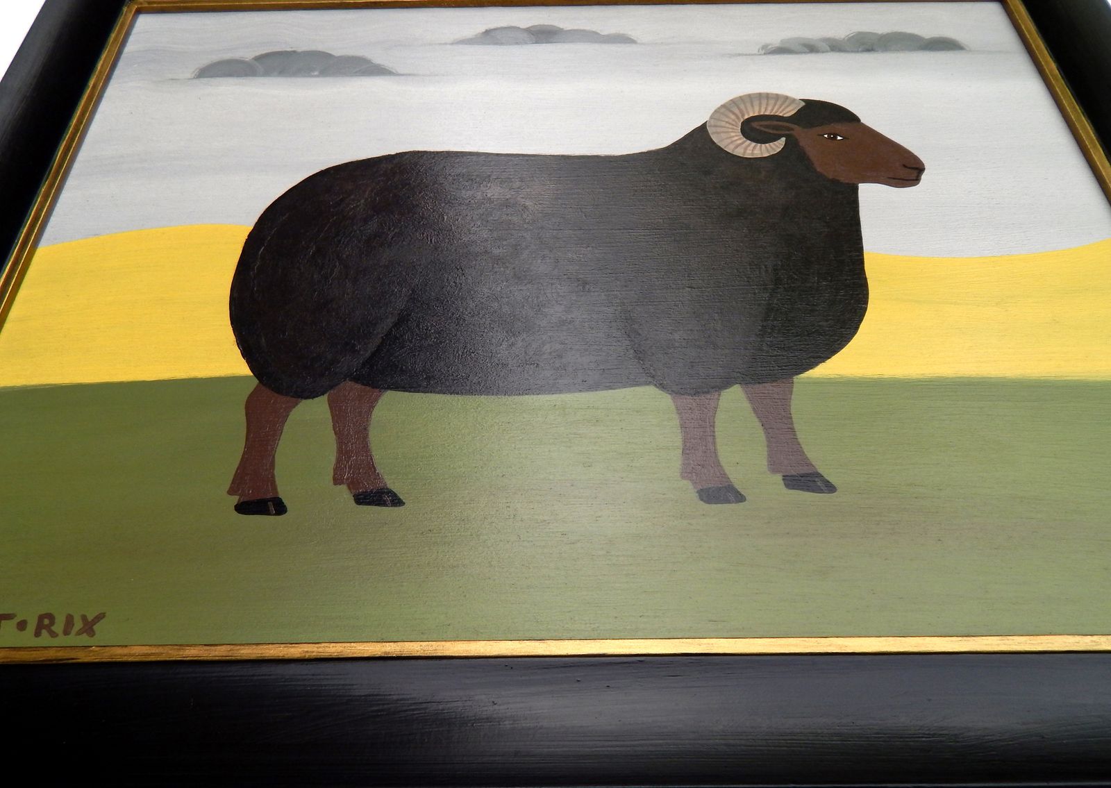 The Black Ram British Folk Art Sheep Painting Naïve Animal Portrait In Hand Painted Frame photo vintage
