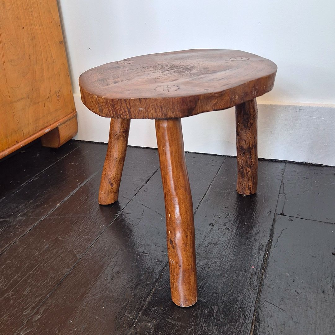 Vintage 1960's Rustic Wooden Stool: Mid Century Modernist Brutalist Style