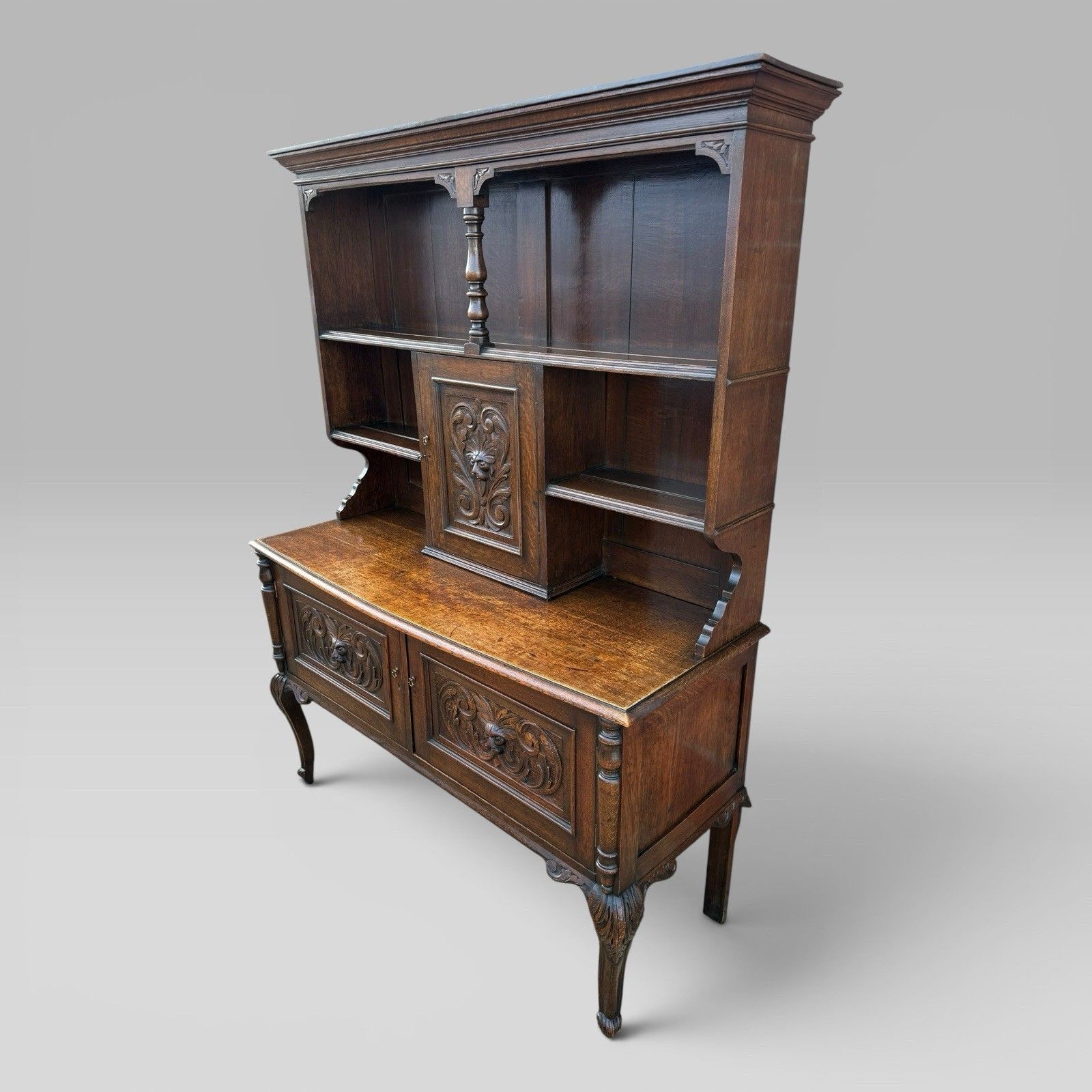 Antique Late Victorian Oak Bowfront Dresser Green Man Carvings Cabriole Legs photo for sale