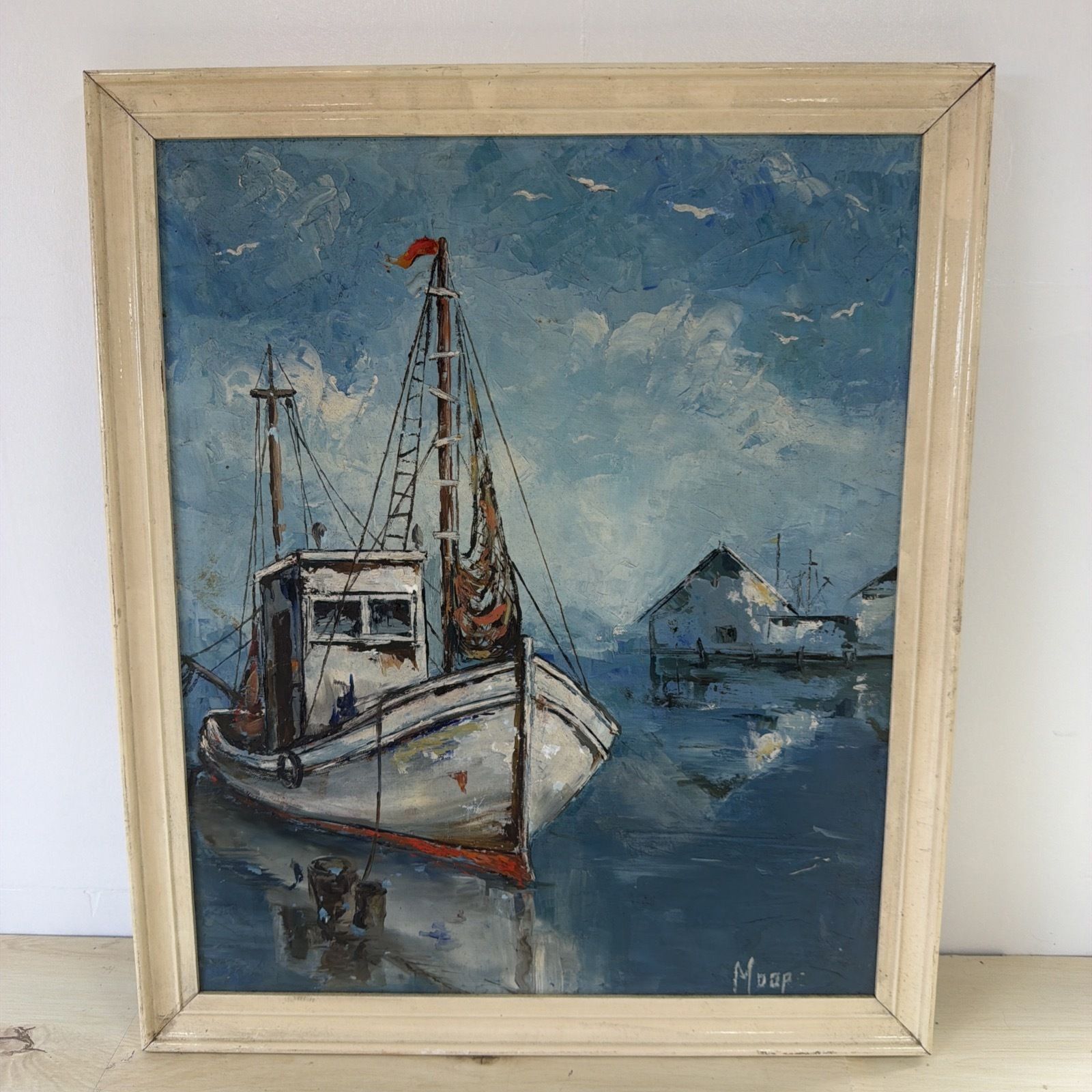 Original Oil Painting By Moop Mid Century Fishing Boat Scene