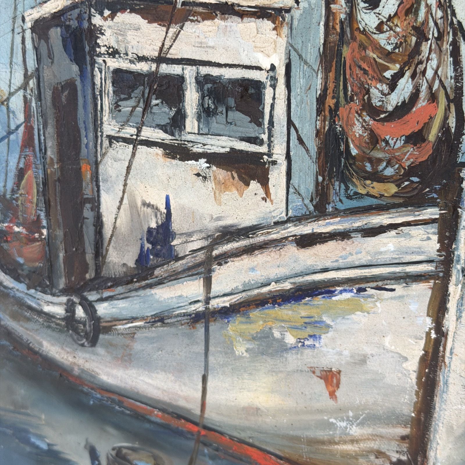 Original Oil Painting By Moop Mid Century Fishing Boat Scene photo vinterior