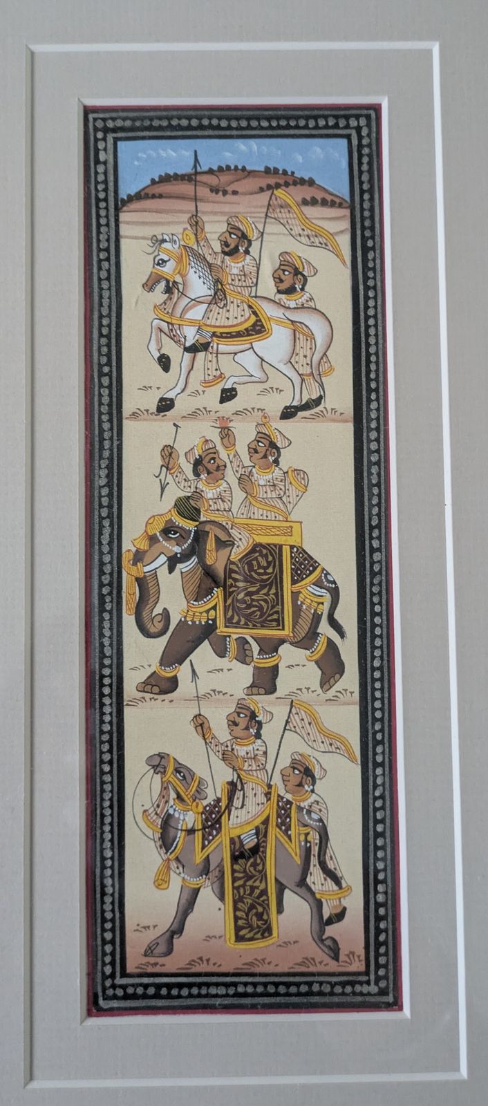 Rajasthani Miniature Painting On Silk — Royal Procession, Hand Painted, India photo for sale