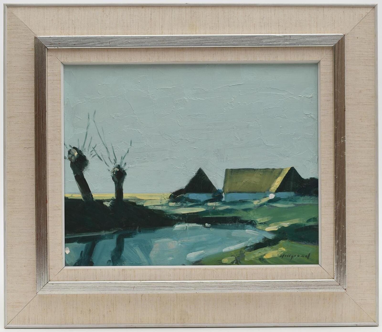 Original Swedish Oil On Canvas – “Farm By The Lake” By Bengt Hillgrund – Vintage & Framed – 58 × 51 Cm (22.8" × 20.1") photo furniture
