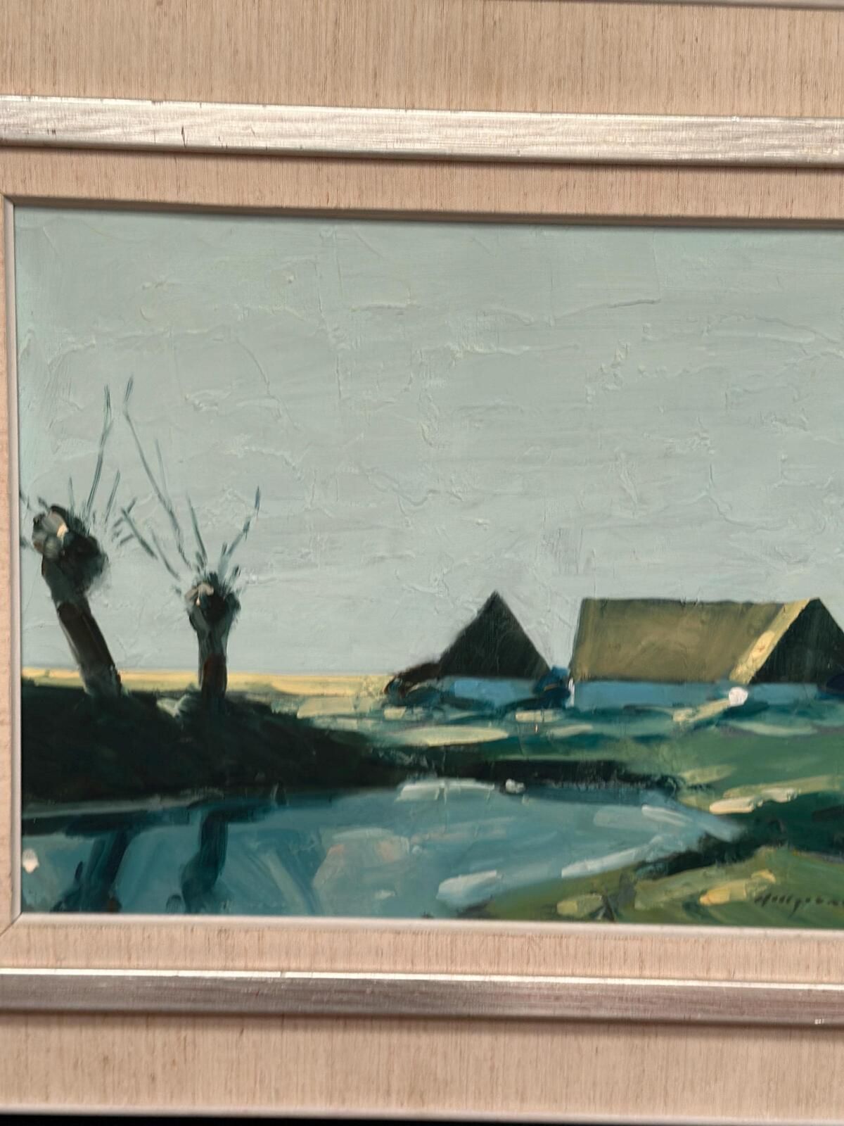 photo furniture Original Swedish Oil On Canvas – “Farm By The Lake” By Bengt Hillgrund – Vintage & Framed – 58 × 51 Cm (22.8" × 20.1")