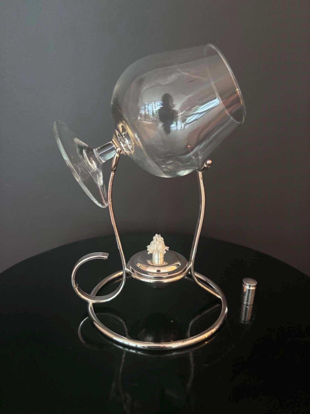 Vintage Maestri Italy brandywarmer / cognacwarmer, verzilverde spirituslamp met snifterkraag, jaren 1980, barware, in doos photo for sale