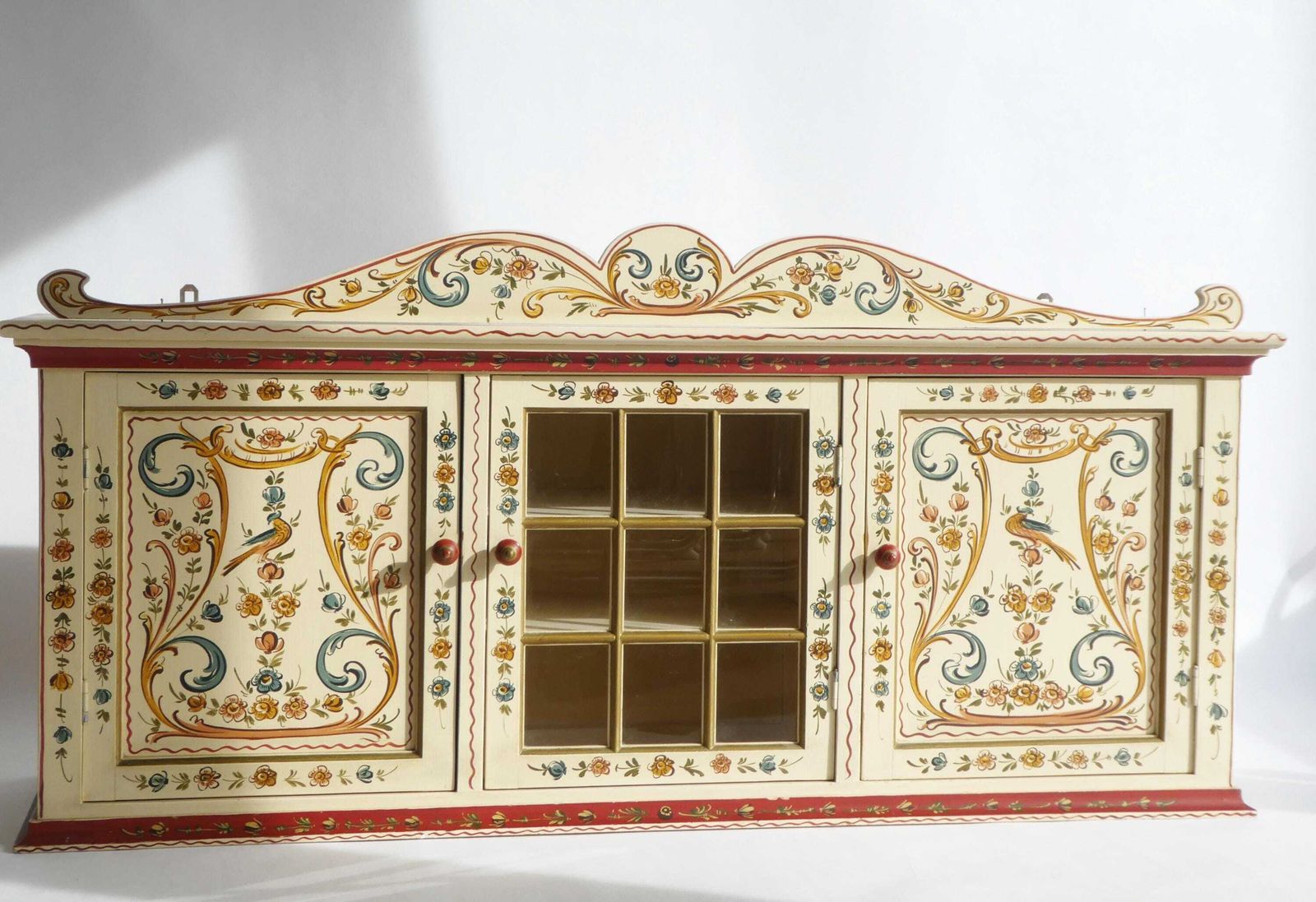 Vintage Dutch Folk Art Display Cabinet, Large Hand Painted Hindeloopen Style Wall Cabinet With Glass Door, Kitchen Decoration photo for sale