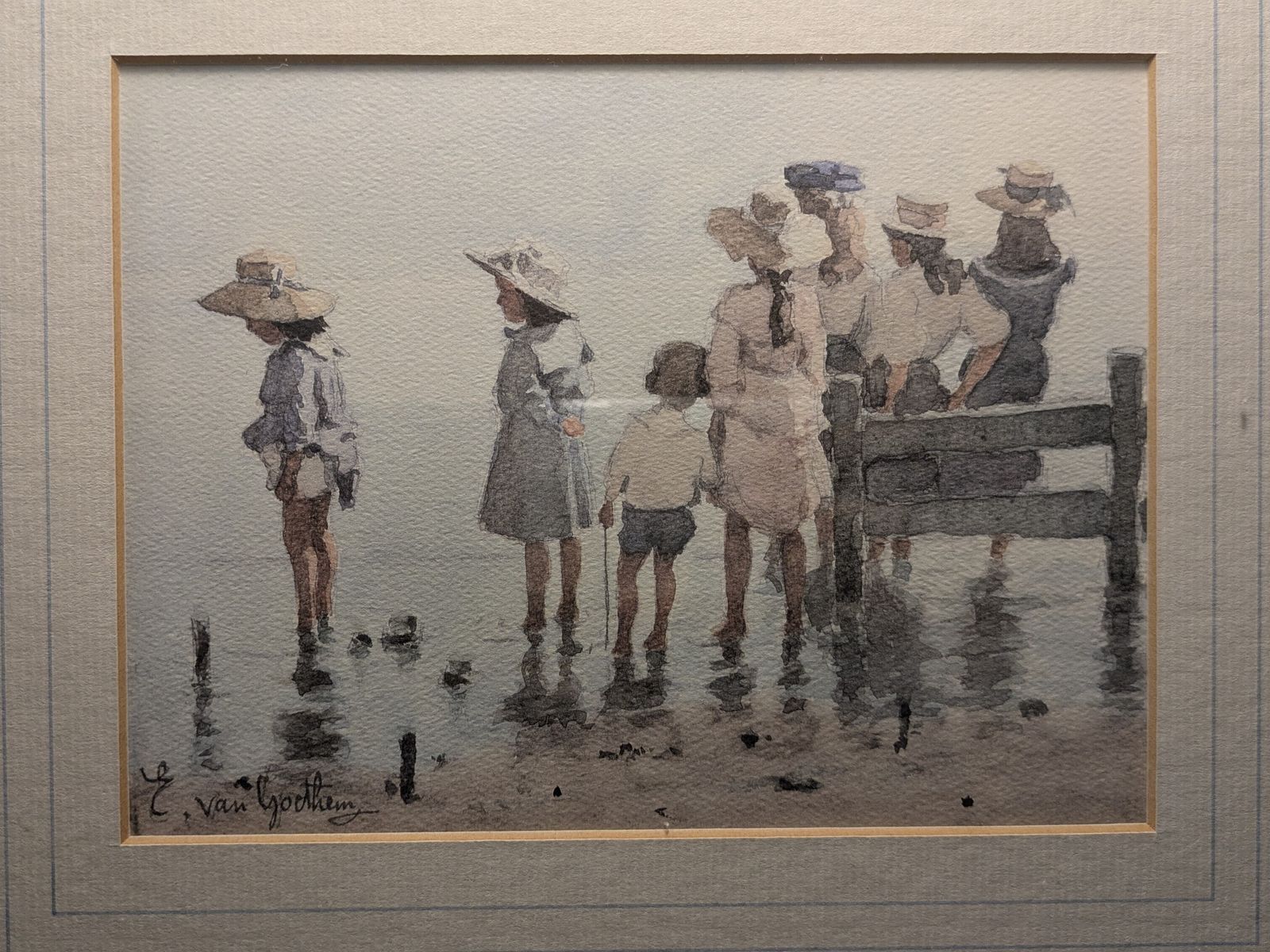Edouard Van Goethem (1857–1924) — Children Paddling At The Seaside Original Watercolour — Signed photo furniture