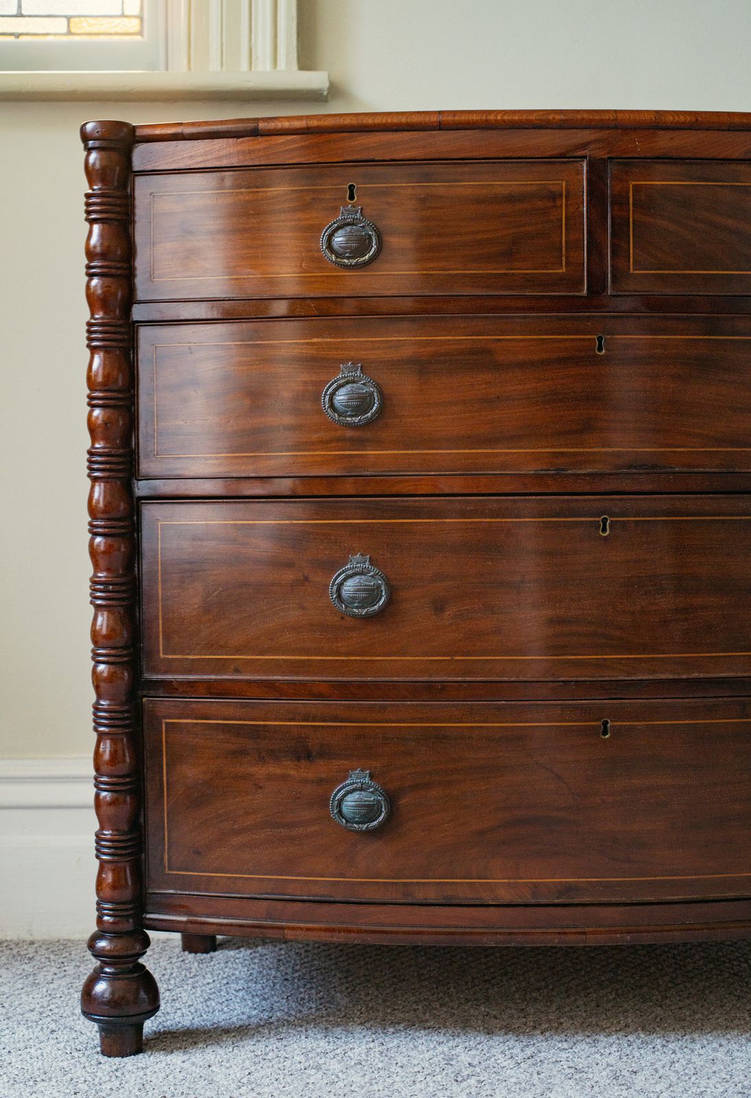 Mahogany Bow Front Chest Of Drawers By Jas Shoolbred & Co photo vinterior