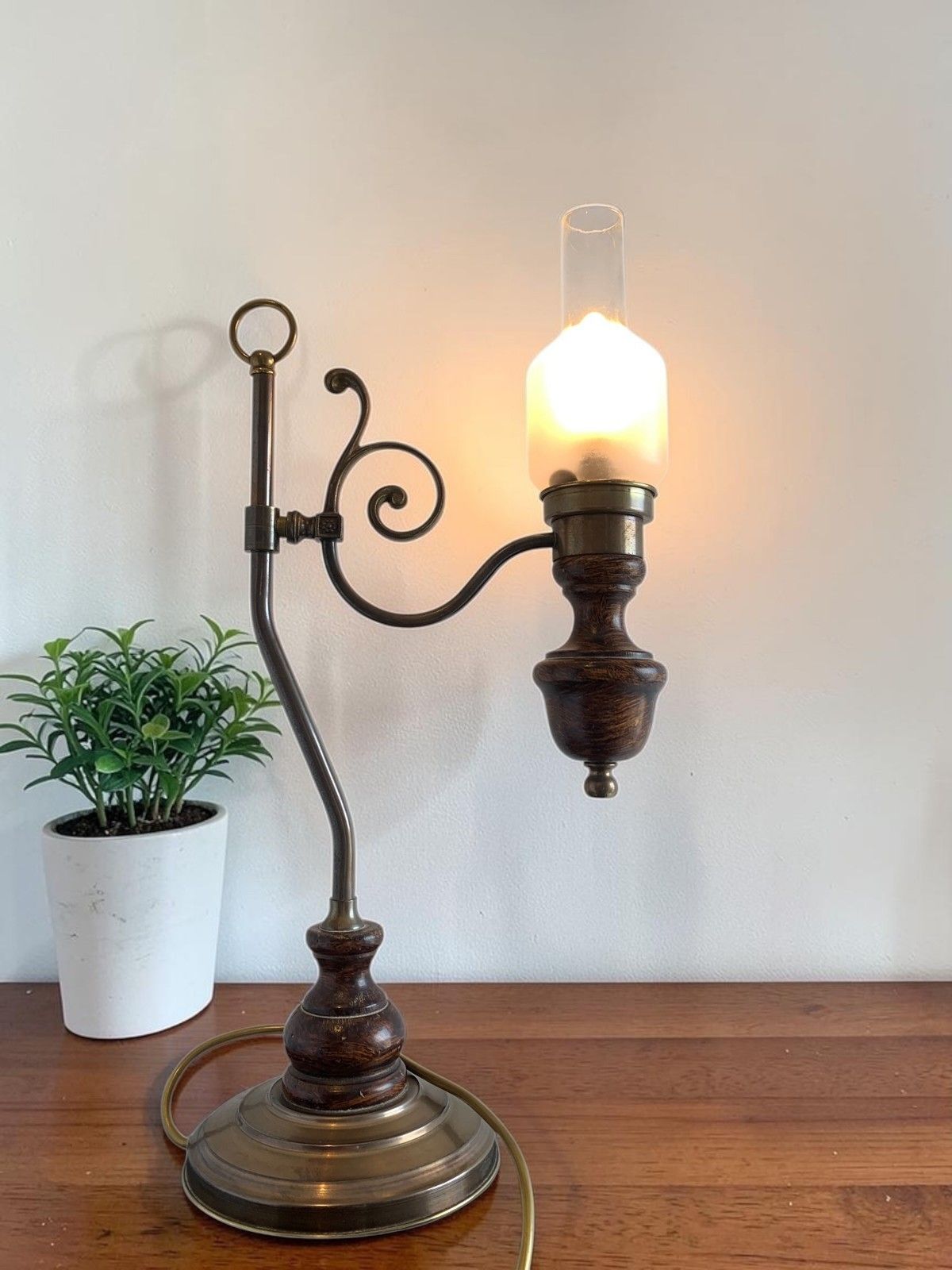 Vintage Art Nouveau "Student" Style Brass & Wood Table Lamp With Glass Shade photo for sale