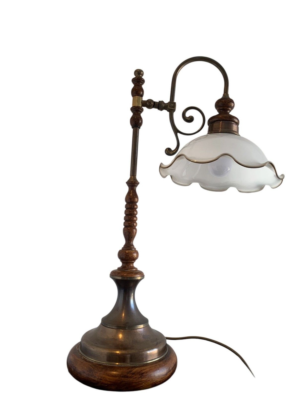 Vintage Art Nouveau Style Brass & Turned Wood Table Lamp With Glass Shade photo vinterior