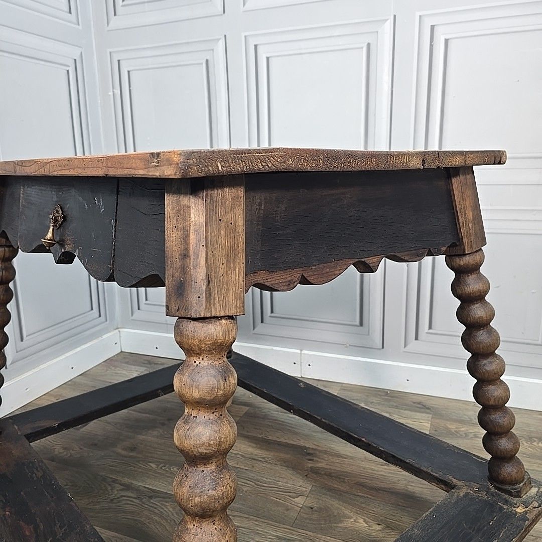 photo for sale Antique Spanish Payment Table  Solid Wood Bankers Lamp Hall Drawer Bobbin Legs