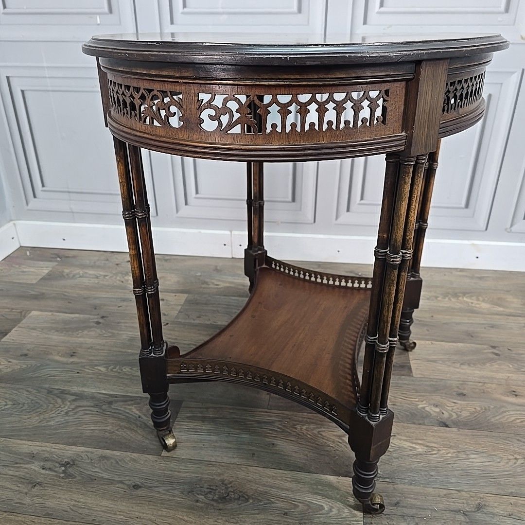 photo for sale Antique Mahogany Occasional Table – Faux Bamboo Aesthetic Wood Pierced Fretwork