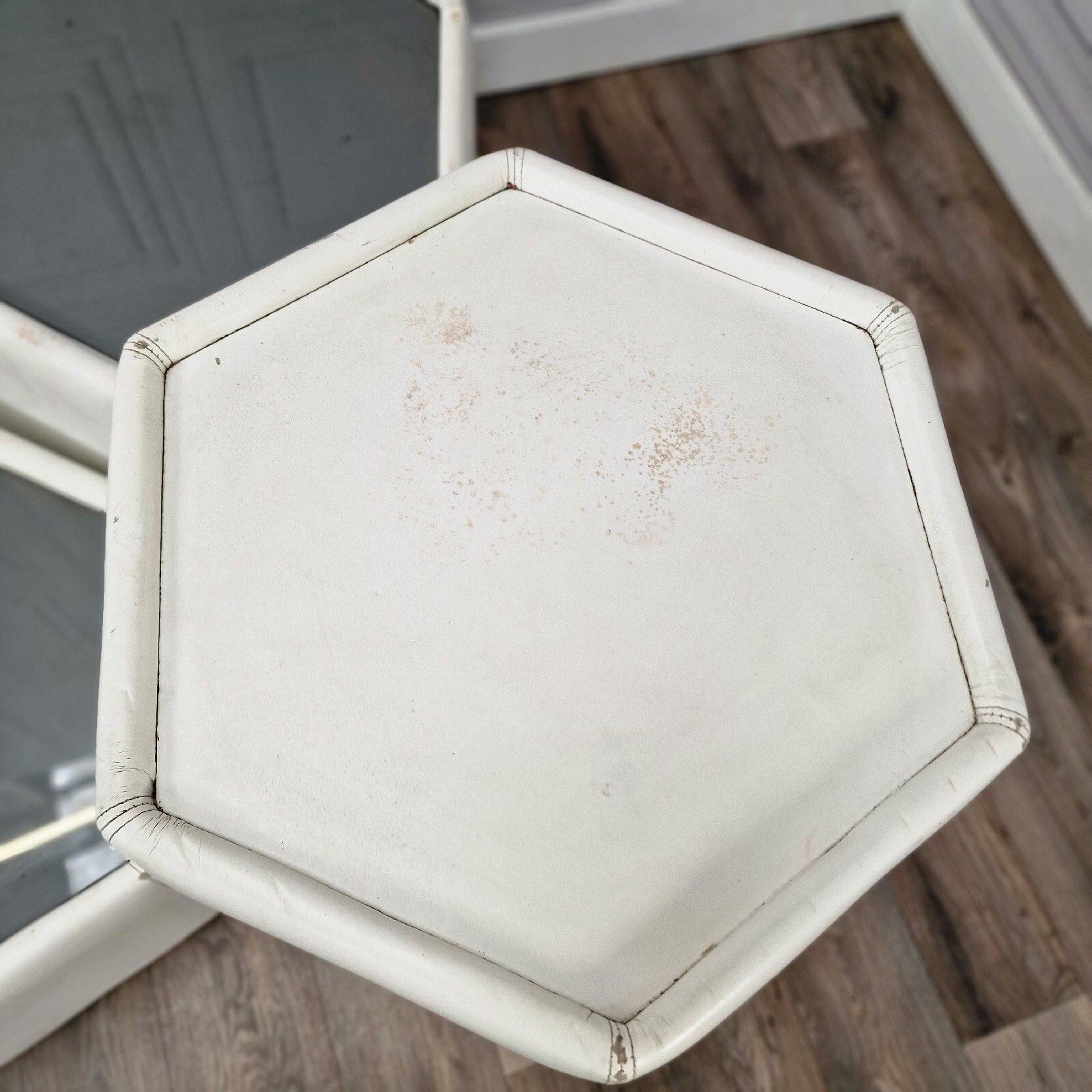 Vintage Set Of Tables Mid Century Modern White Leather Hexagonal Smoked Glass photo vintage