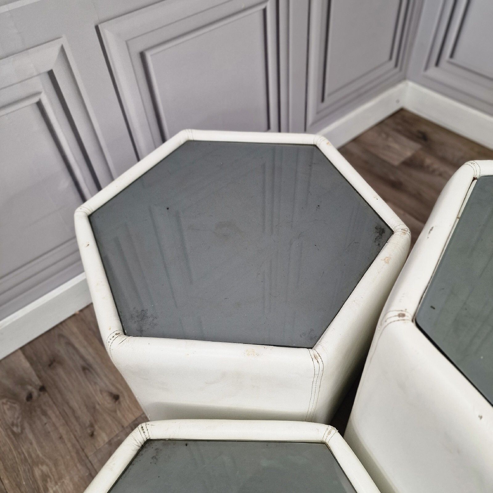photo furniture Vintage Set Of Tables Mid Century Modern White Leather Hexagonal Smoked Glass