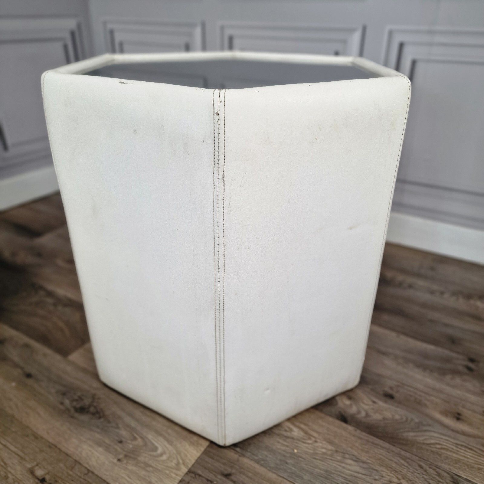 Furniture Vintage Set Of Tables Mid Century Modern White Leather Hexagonal Smoked Glass photo