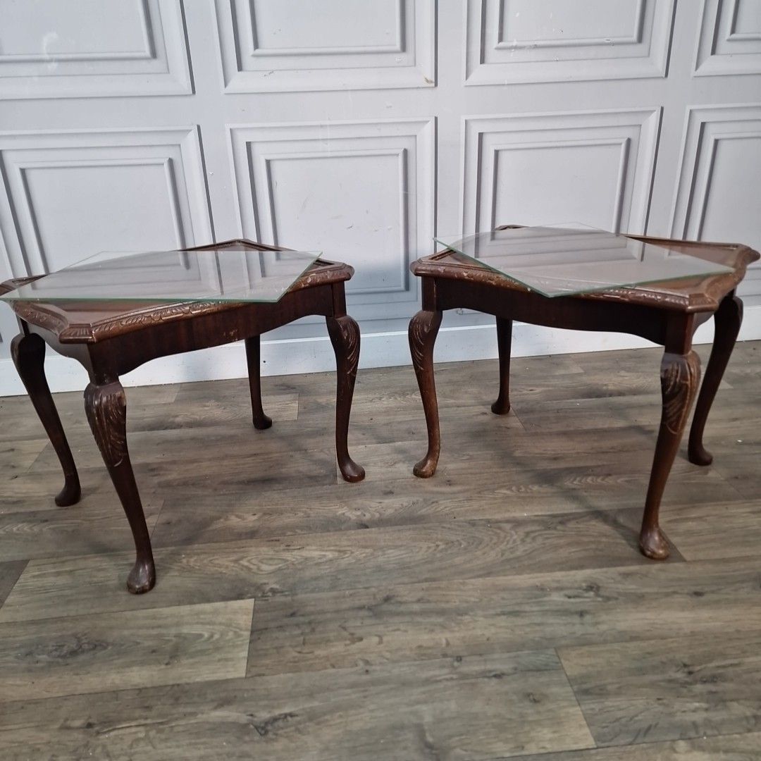 Pair Antique Style Tables Carved Wooden Side Bedside Cabriole Legs Glass Tops photo furniture