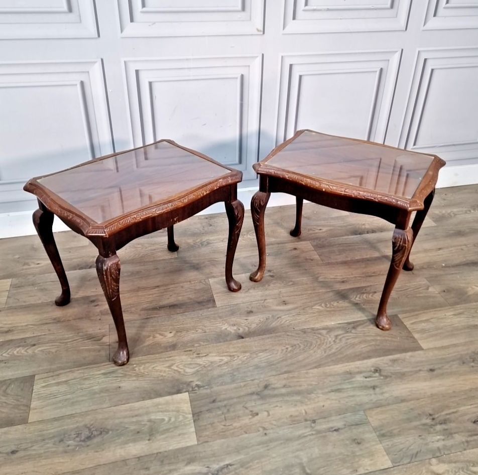 Pair Antique Style Tables Carved Wooden Side Bedside Cabriole Legs Glass Tops photo for sale