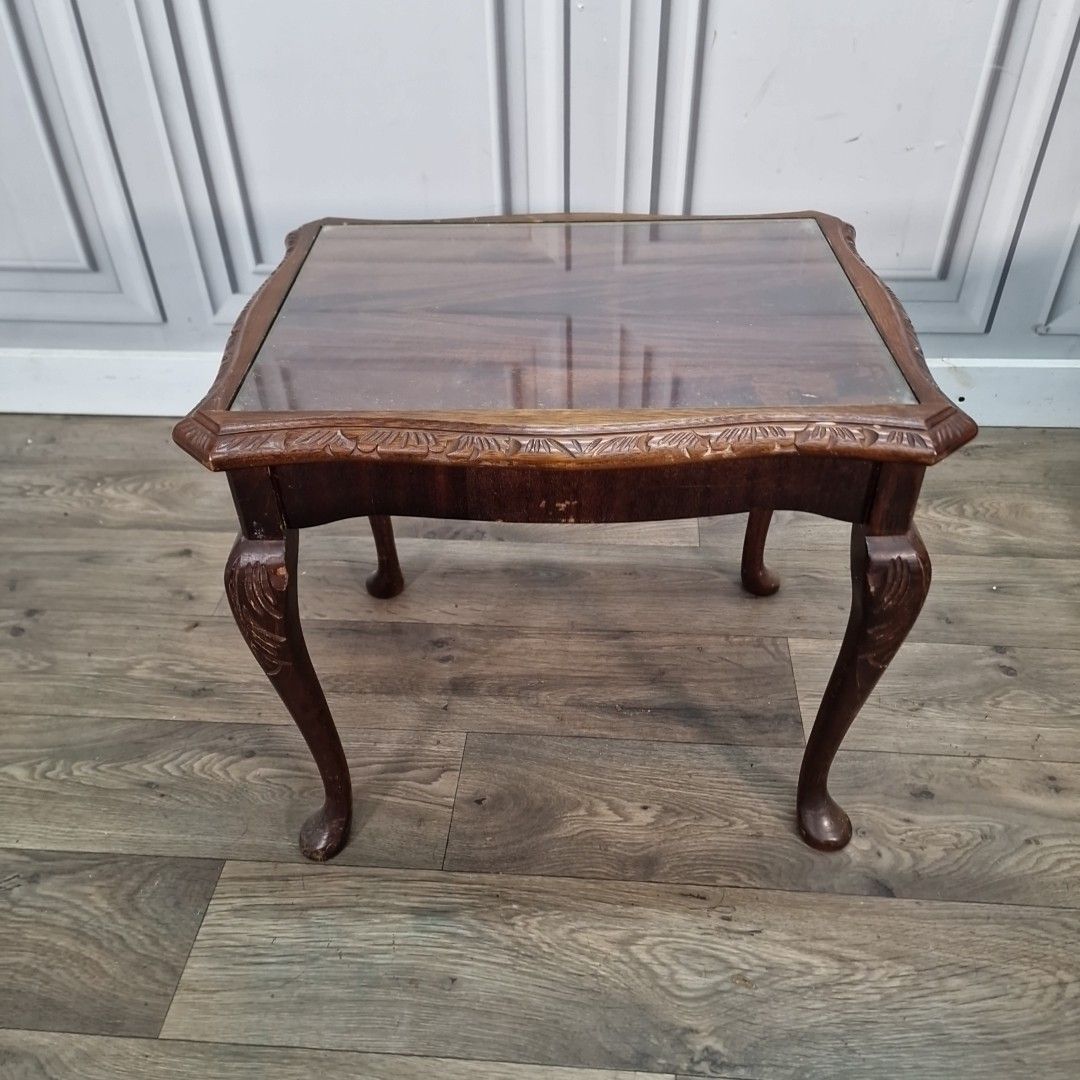 Pair Antique Style Tables Carved Wooden Side Bedside Cabriole Legs Glass Tops photo Furniture