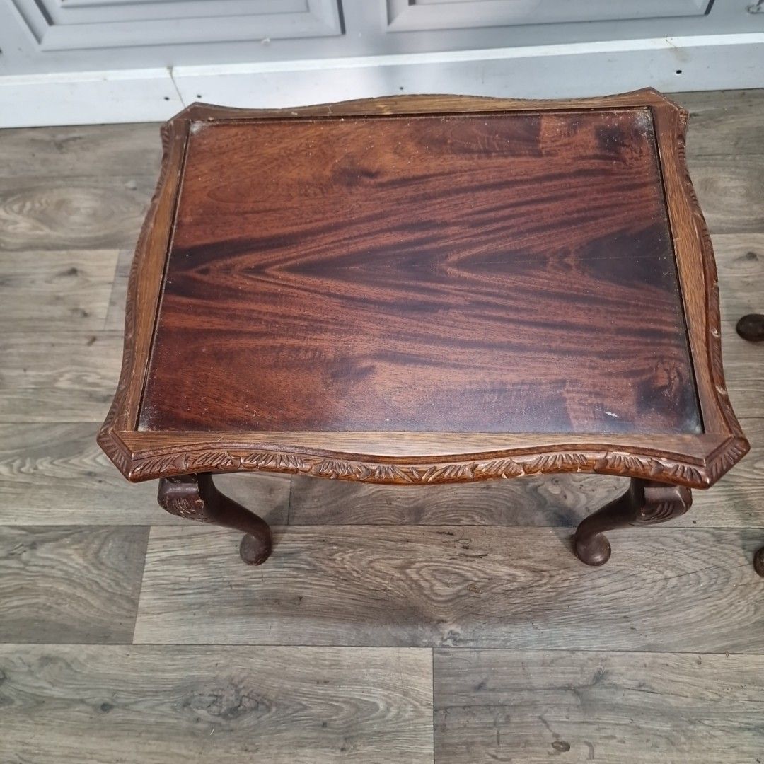 Pair Antique Style Tables Carved Wooden Side Bedside Cabriole Legs Glass Tops photo vintage