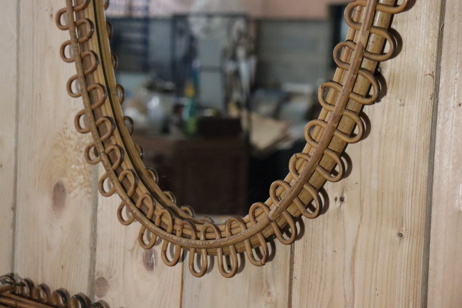 Mirror With Rattan Side Table In The Style Of Franco Albini, 1950, Set Of 2 photo vintage