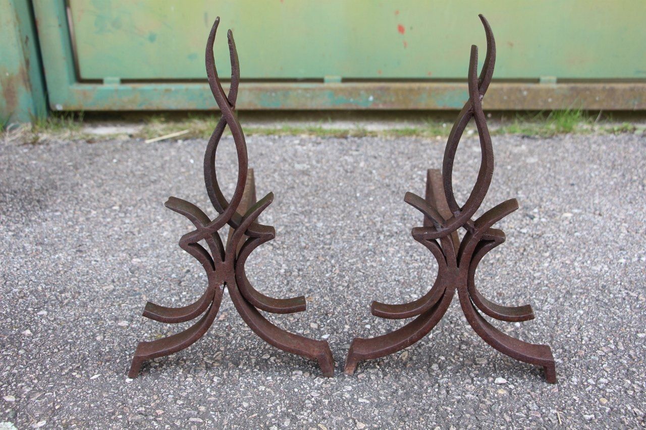 Flame Andirons Attributed To Raymond Subes, 1930s, Set Of 2
