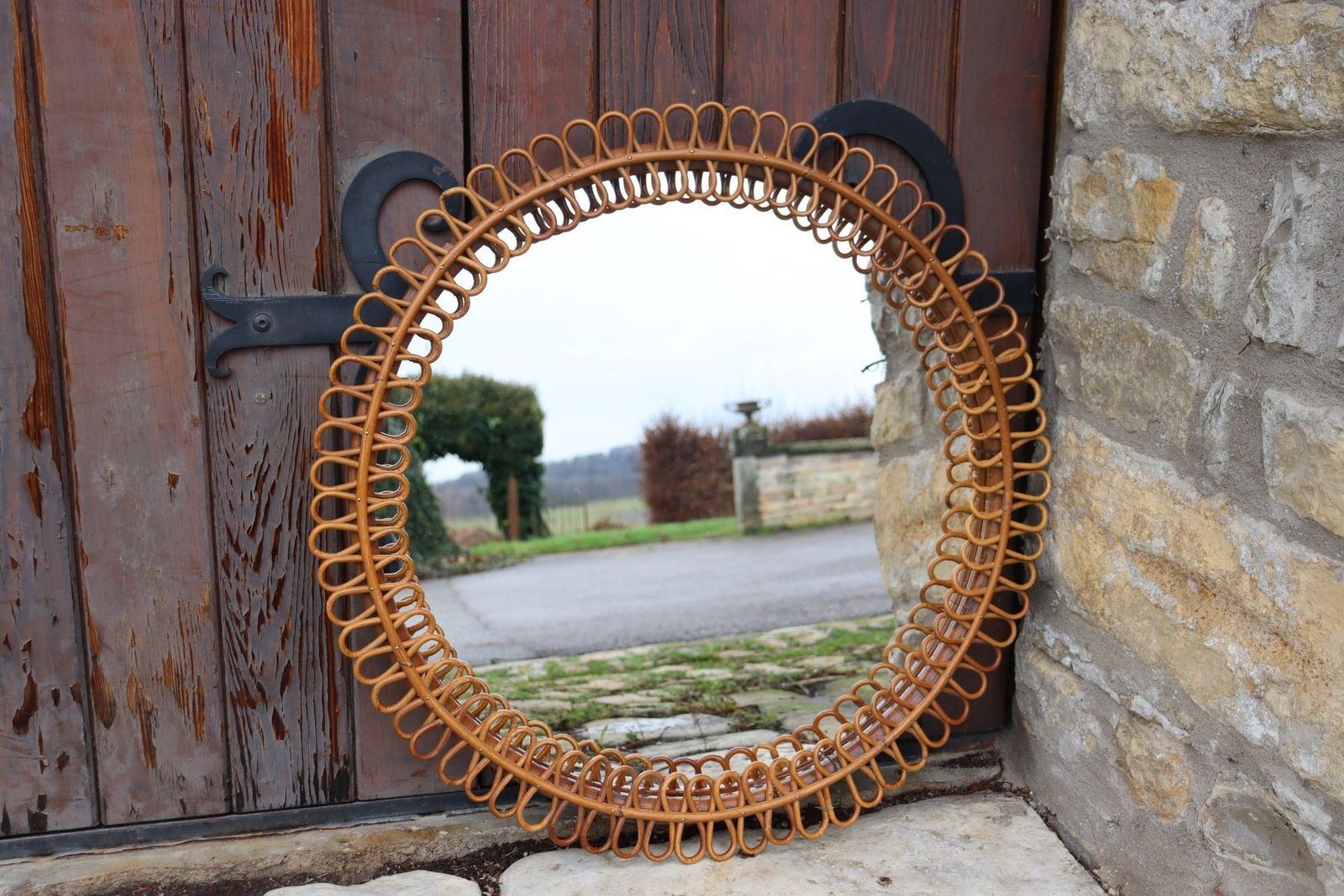 Italian Rattan Wall Mirror By Franco Albini, 1960 photo furniture