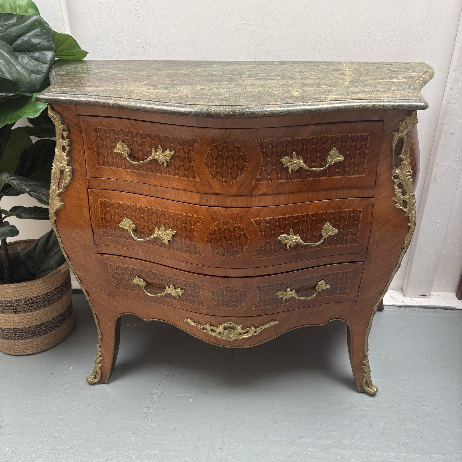 Antique French Louis XV Style Marble Top Bombe Commode Chest Of Three Drawers photo for sale