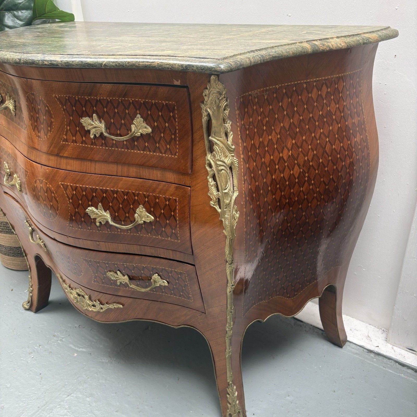 Antique French Louis XV Style Marble Top Bombe Commode Chest Of Three Drawers photo 975.0